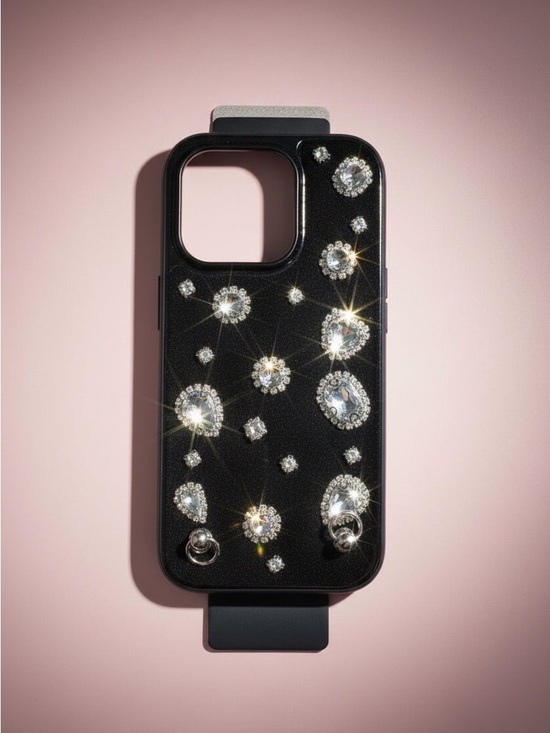 Hello Lux Other - iPhone 15 Pro Black Crystal-Embellished Phone Case with Ring Attachments